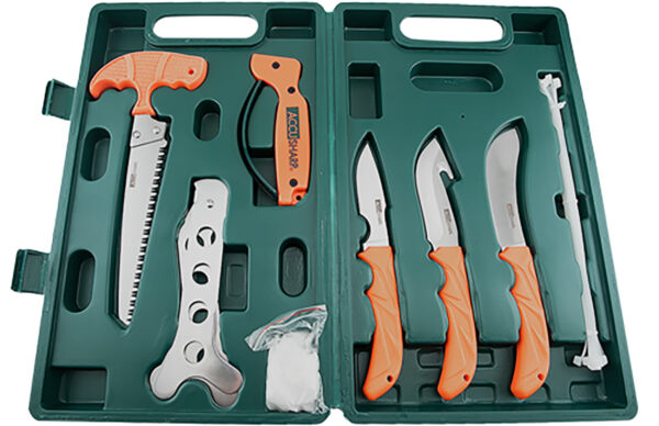 AccuSharp 728C Game Processing Kit Butcher/Caper/Gut-Hook/Bone Saw/Ribcage Spreader Gut Hook/Saw/Plain Stainless Steel Blade Orange FRN Handle — view 1