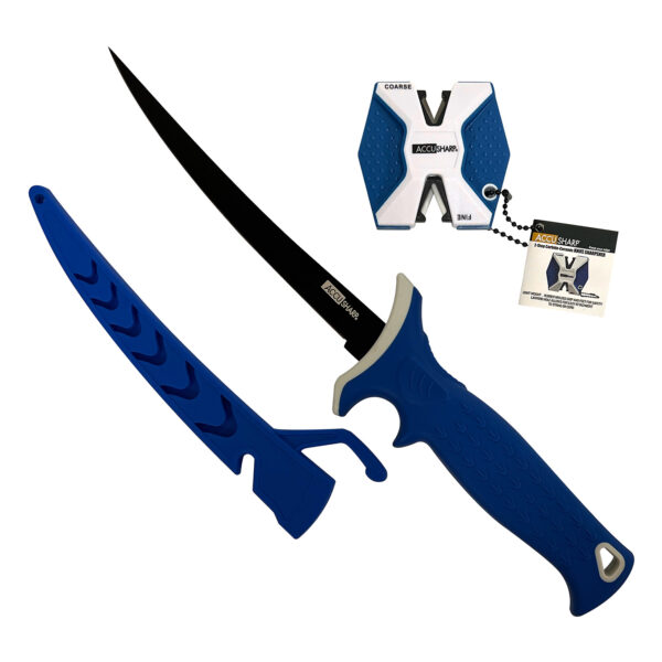 AccuSharp 736C Fillet w/Sharpener  6.50" Fixed Fillet Plain Satin Titanium Coated Stainless Steel Blade/Royal Blue Ergonomic Anti-Slip Rubber Handle Includes 2-Step Sharpener — view 1