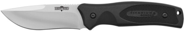 Camillus 19232 Western Black River 3.75" Fixed Drop Point Plain Satin 420 Steel Titanium Bonded Blade, Black Rubber Handle, Includes Sheath — view 1