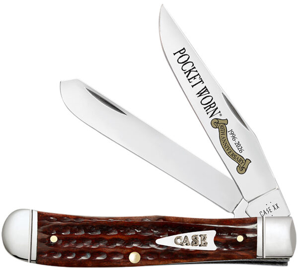 Case 55230 Pocket Worn Trapper Folding Clip Point/Spey Plain Mirror Polished Tru-Sharp SS Blade, Corn Cob Jigged Mahogany Bone Handle — view 1