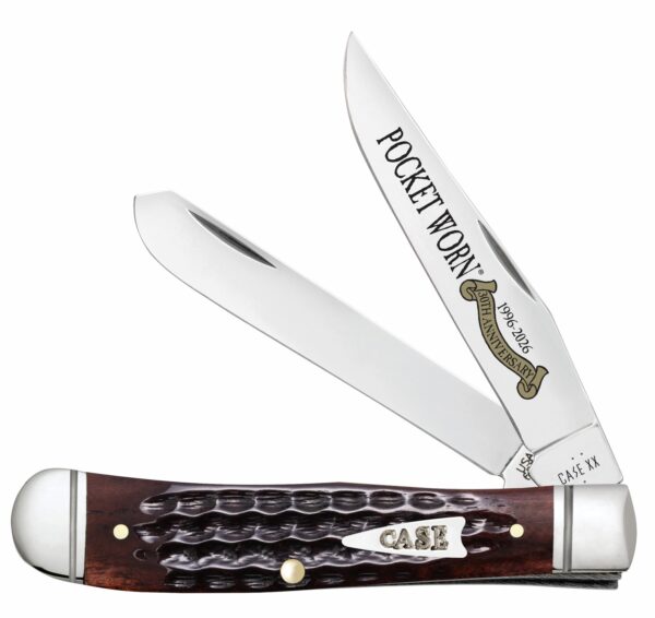 Case 55231 Pocket Worn Trapper Mini Folding 2.75" Clip Point & Spey Plain Mirror Polished Tru-Sharp SS Blades, Corn Cob Jigged Mahogany Bone Handle — view 1