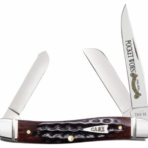 Case 55232 Pocket Worn Stockman Medium Folding Clip Point/Pen/Sheepsfoot Plain Tru-Sharp SS Blade, Mahogany Corn Cob Jigged Bone Handle