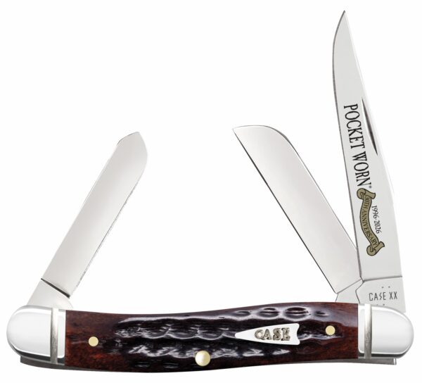 Case 55232 Pocket Worn Stockman Medium Folding Clip Point/Pen/Sheepsfoot Plain Tru-Sharp SS Blade, Mahogany Corn Cob Jigged Bone Handle — view 1