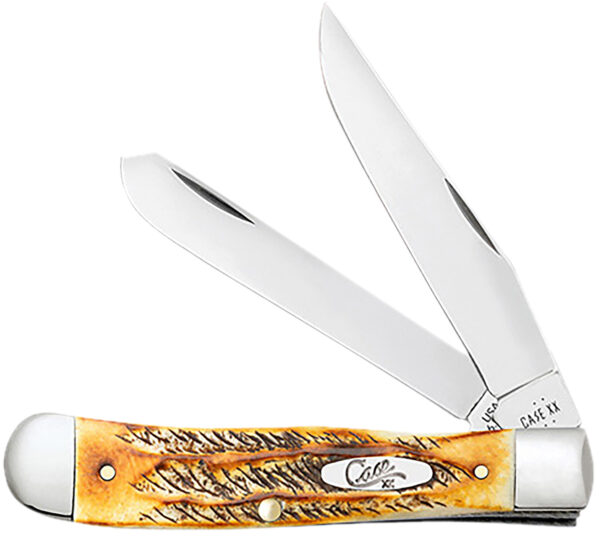 Case 65345 Trapper  3.25" Folding Clip Point/Spey Plain Mirror Polished Tru-Sharp SS Blades, Burnt Dark Amber 6.5 BoneStag Handle, Includes Pocket Clip — view 1