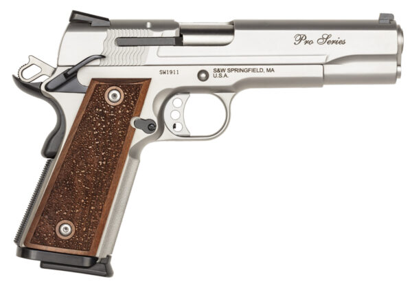 Smith & Wesson 178017 1911 Performance Center Pro  Full Size Frame 9mm Luger 10+1, 5" Stainless Steel Barrel, Matte Silver Serrated Stainless Steel Slide & Frame w/Beavertail, Wood Grip — view 1