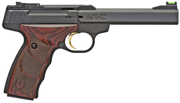 Browning 051429490 Buck Mark Plus *CA Compliant 22 LR 10+1 5.50" Slab Side Barrel, Matte Black Serrated Steel Slide  & Aluminum Frame, Brown Finger Grooved Laminate Grips — view 1