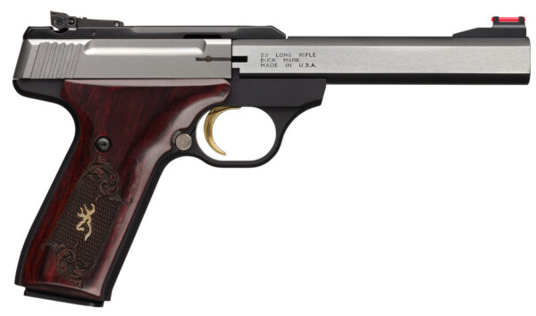 Browning 051543490 Buck Mark Medallion 22 LR 10+1 5.50" Blackened SS Slab Side Barrel, Stainless Steel Serrated SS Slide, Matte Black Aluminum Frame, Checkered Rosewood w/Gold BuckMark Inlay Grip — view 1