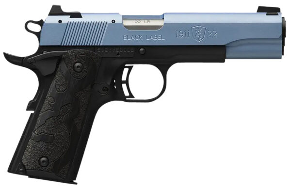 Browning 051897490 1911 Black Label Full Size Frame 22 LR 10+1, 4.25" Matte Stainless Steel Barrel, Polar Blue Cerakote Serrated Slide, Matte Black Polymer Frame w/Beavertail, Black Laminate Wood Grip — view 1