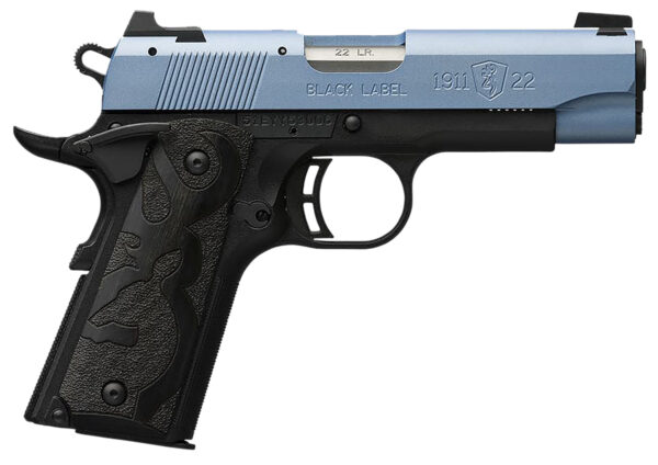Browning 051898490 1911 Black Label Compact Frame 22 LR 10+1, 3.63" Matte Stainless Steel Barrel, Polar Blue Cerakote Serrated Slide, Matte Black Polymer Frame w/Beavertail, Black Laminate Wood Grip — view 1