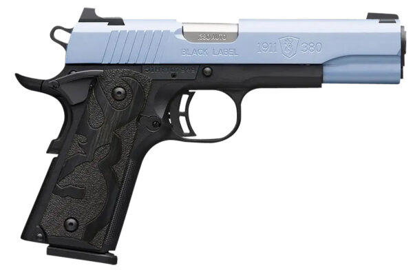 Browning 051989492 1911-380 Black Label Full Size Frame 380 ACP 8+1, 4.25" Matte Stainless Steel Barrel, Polar Blue Cerakote Serrated Aluminum Slide, Matte Black Polymer Frame w/Beavertail — view 1