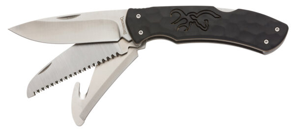Browning 3220430 Primal Kodiak Slim 3.75" Folding Drop Point/Gut Hook/Saw 8Cr13MoV SS Blade Black Polymer w/Rubber Overmold Handle Includes Nylon Belt Pouch — view 1