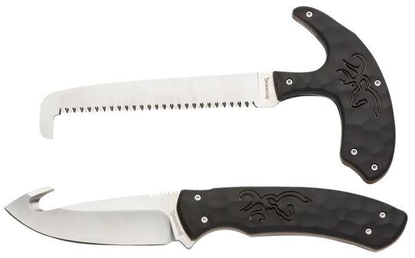 Browning 3220420 Primal Combo  3.75"/5.25" Fixed Drop Point Gut Hook/Skinner, Saw 8Cr13MoV SS Blade, Black Polymer w/Rubber Overmold & Finger Grooves Handle, 2 Piece Set, Includes Sheath — view 1