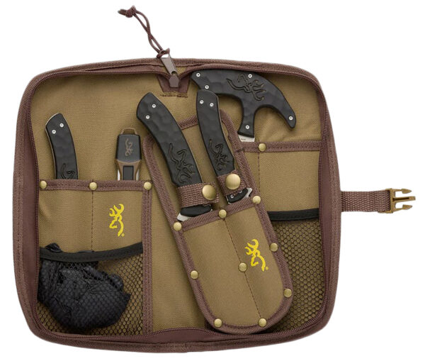 Browning 3220422B Primal Combo  Fixed Bone Saw/Caper/Gut Tool/Sharpening Tool/Skinner 8Cr13MoV SS Blade, Black Polymer w/Rubber Overmold Handle, 6 Piece Set, Includes Case/Gloves — view 1