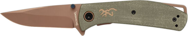 Browning 3220516 Trailside  EDC Small 3" Folding Modified Drop Point Plain Titanium Finish D2 Steel Blade, Green Micarta Handle — view 1