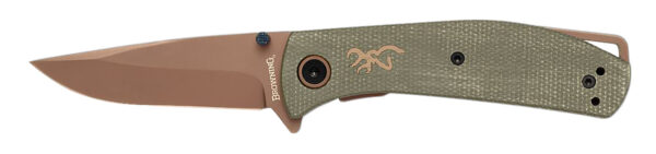 Browning 3220516B Trailside  EDC Small 3" Folding Modified Drop Point Plain Titanium Finish D2 Steel Blade, Green Micarta Handle, Boxed Pkg — view 1