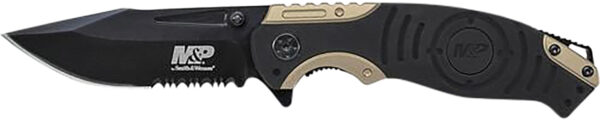 Smith & Wesson Knives SWP13BSCP M&P  3.50" Folding Drop Point Part Serrated Stonewashed 8Cr13MoV SS Blade/Black & Tan Aluminum Handle Includes Pocket Clip — view 1