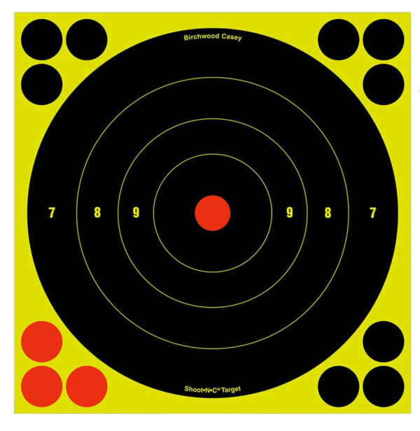 Birchwood Casey 34825 Shoot-N-C Reactive Target Self-Adhesive Paper Black/Yellow/Red 8" Bullseye 30 Pack — view 1