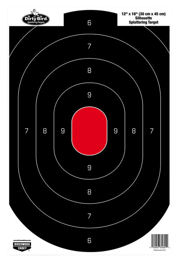 Birchwood Casey 35601 Dirty Bird  Silhouette Tagboard Hanging Pistol 12" x 18" Black/Red White Impact Splatter 100 Per Pkg — view 1