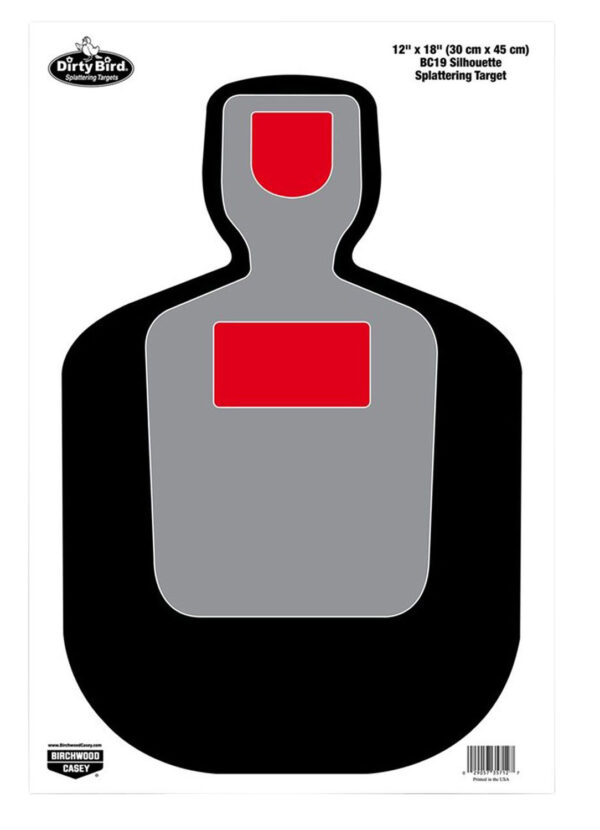 Birchwood Casey 35712 Dirty Bird BC-19 Silhouette Paper Hanging Pistol 12" x 18" Black/Gray/Red White Impact Splatter 100 Per Pkg — view 1