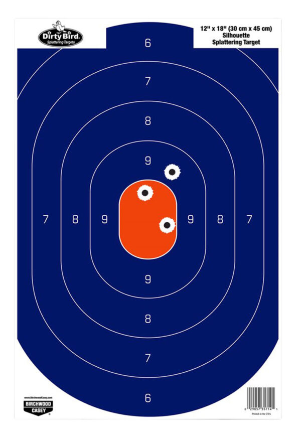 Birchwood Casey 35720 Dirty Bird  Silhouette Tagboard Hanging Pistol 12" x 18" Blue/Orange White Impact Splatter 50 Per Pkg — view 1
