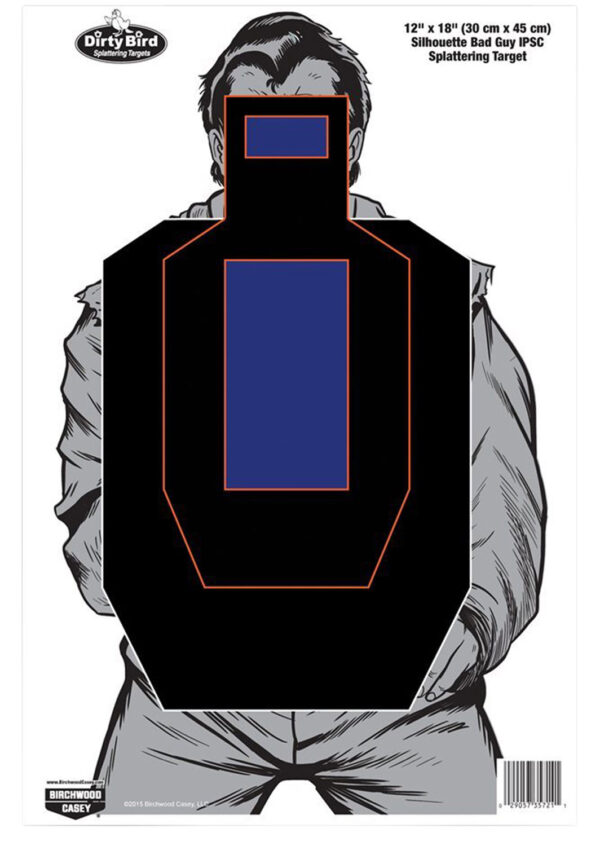 Birchwood Casey 35721 Dirty Bird Bad Guy IPSC Silhouette Tagboard Hanging Pistol 12" x 18" Black/Blue/White 100 Per Pkg — view 1