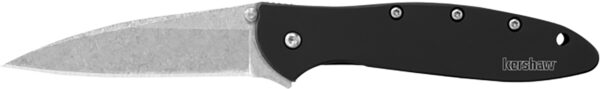 Kershaw 1660SWBLK Leek  3" Folding Drop Point Plain Stonewashed 14C28N Steel Blade Black Anodized Aluminum Handle Includes Pocket Clip — view 1