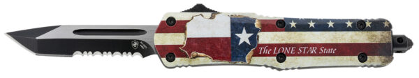 Templar Knife STX531 Gen II Texan Small 2.25" OTF Tanto Part Serrated Black Oxide Stonewashed 440C SS Blade, 4.31" Texas Flag Aluminum Handle, Glass Breaker — view 1