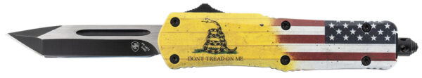 Templar Knife S-DTOM-23-1 Gen II Don't Tread On Me Small 2.69" OTF Plain Black Oxide 440C SS Blade, 4.25" Yellow w/Flag & "Don't Tread On Me" Aluminum Handle, Glass Breaker — view 1