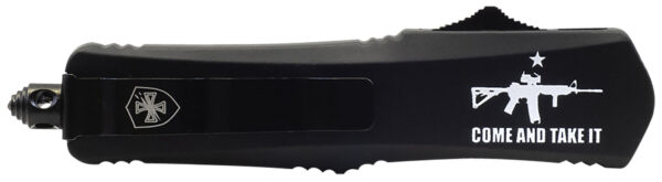 Templar Knife SAR15531 Gen II Come And Take It Small 2.69" OTF Tanto Part Serrated Black Oxide 440C SS Blade, 4.31" Black w/ "Come And Take It" AR-15 Gun Aluminum Handle, Glass Breaker — view 1