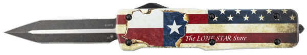 Templar Knife LZTX121 Premium Weighted Texan Large 3.55" OTF Dagger Plain Black Oxide Stonewashed D2 Steel Blade, 5.25" Red/White/Blue w/"The LONE STAR State" Aluminum Zinc Alloy Handle — view 1