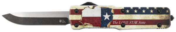Templar Knife SZTX321 Premium Weighted Texan Small 3" OTF Drop Point Plain Black Oxide Stonewashed D2 Steel Blade, 4.50" Red/White/Blue w/"The LONE STAR State" Aluminum Zinc Alloy Handle — view 1