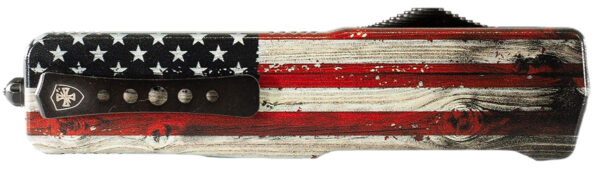 Templar Knife MZWUS121 Premium Weighted  Small 3" OTF Dagger Plain Black Oxide Stonewashed Powder Coated D2 Steel Blade, 4.50" Painted Wood Grain US Flag Aluminum Zinc Alloy Handle — view 1