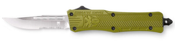 CobraTec Knives SODCTK1SDS CTK-1 Small 2.75" OTF Drop Point Part Serrated D2 Steel Blade/OD Green Aluminum Handle Features Glass Breaker Includes Pocket Clip — view 1