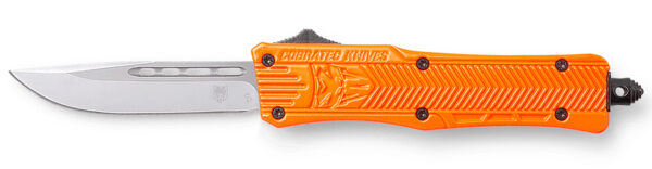 CobraTec Knives SORCTK1SDNS CTK-1  Small 2.75" OTF Drop Point Plain D2 Steel Blade/Orange Aluminum Handle Features Glass Breaker Includes Pocket Clip — view 1