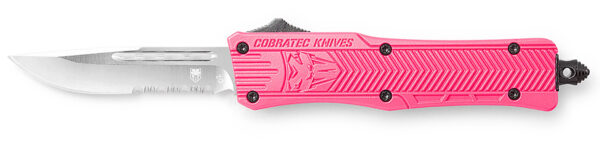 CobraTec Knives SPKCTK1SDS CTK-1  Small 2.75" OTF Drop Point Part Serrated D2 Steel Blade/ Pink Aluminum Handle Features Glass Breaker Includes Pocket Clip — view 1