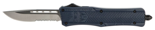 CobraTec Knives MNYCTK1MDS CTK-1  Medium 3" OTF Drop Point Part Serrated D2 Steel Blade/NYPD Blue Aluminum Handle Features Glass Breaker Includes Pocket Clip — view 1