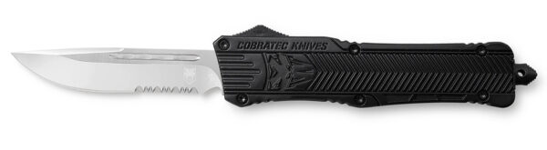 CobraTec Knives LBCTK1LDS CTK-1  Large 3.75" OTF Drop Point Part Serrated D2 Steel Blade/ Black Aluminum Handle Features Glass Breaker Includes Pocket Clip — view 1