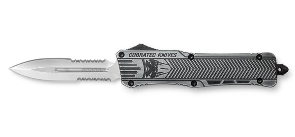 CobraTec Knives LSWCTK1LDG2SS CTK-1  Large 3.75" OTF Dagger Part Serrated D2 Steel Blade/ Stonewashed Aluminum Handle Features Glass Breaker Includes Pocket Clip — view 1