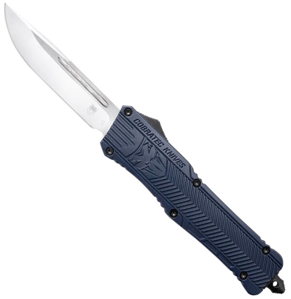 CobraTec Knives LNYCCTK1LDNS CTK-1  Large 3.75" OTF Drop Point Plain D2 Steel Blade/NYPD Blue Aluminum Handle Features Glass Breaker Includes Pocket Clip — view 1