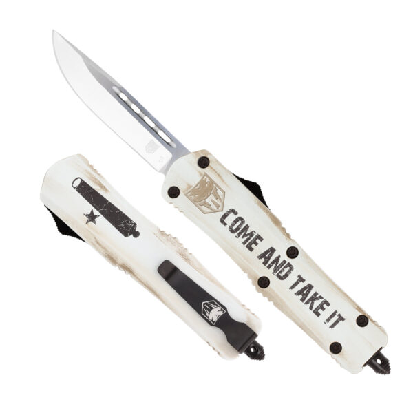 CobraTec Knives MCATIFS3DNS FS-3 Come And Take It 3" OTF Drop Point Plain 154CM SS Blade White w/"Come And Take It" Aluminum Cerakoted Handle Features Glass Breaker Includes Pocket Clip — view 1