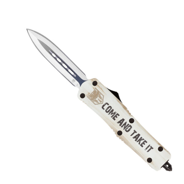 CobraTec Knives MCATIFS3DAGNS FS-3 Come And Take It Medium 3" OTF Dagger Plain D2 Steel Blade White w/"Come And Take It" Aluminum Cerakoted Handle Features Glass Breaker Includes Pocket Clip — view 1