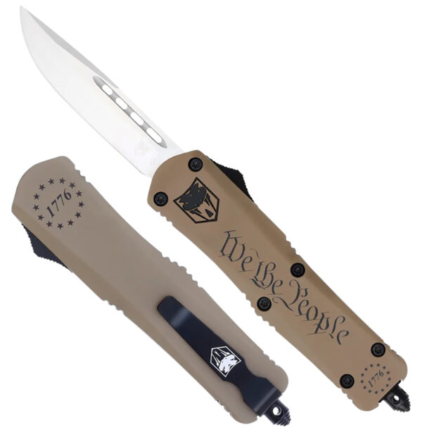 CobraTec Knives SWTPFS3DNS FS-3 We The People Small 2.75" OTF Drop Point Plain Aluminum Cerakoted D2 Steel Blade, Tan "We The People" Aluminum Handle — view 1