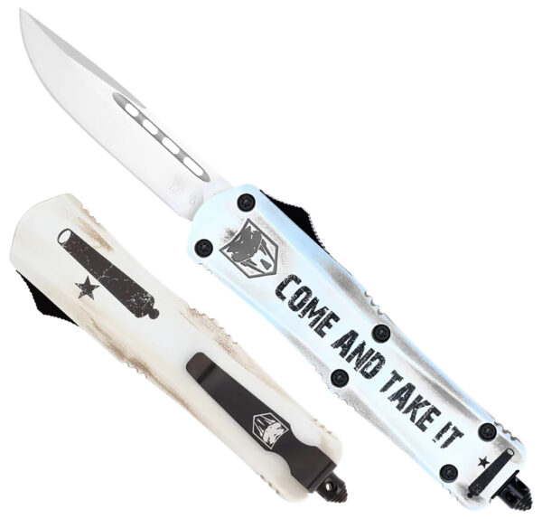 CobraTec Knives SCATIFS3DNS FS-3 Come And Take It Small 3" OTF Drop Point Plain D2 Steel Blade 4.50" White "Come And Take It" Aluminum Cerakoted Handle Includes Glass Breaker/Pocket Clip — view 1