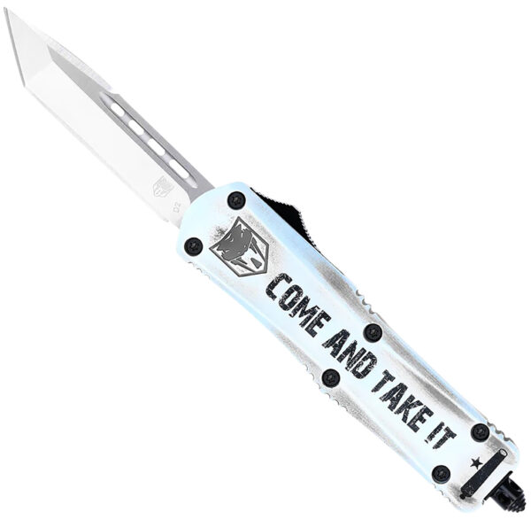 CobraTec Knives SCATIFS3TNS FS-3 Come And Take It Small 3" OTF Tanto Plain Satin D2 Steel Blade, 4.50" White "Come And Take It" Aluminum Cerakoted Handle — view 1