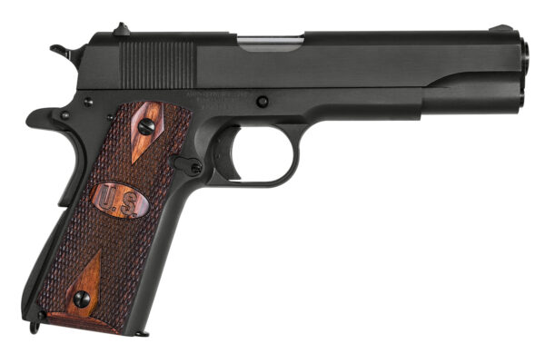 Auto-Ordnance 1911BKO9W 1911 A1 GI Spec 9mm Luger 9+1 5" Stainless Steel Barrel, Matte Black Serrated Carbon Steel Slide & Frame w/Beavertail, Checkered Wood w/Integrated US Logo Grip — view 1