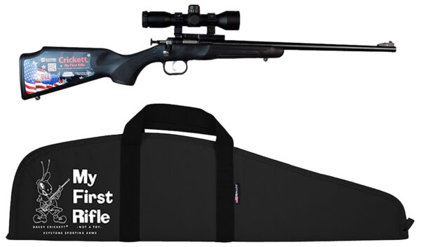 Crickett KSA2240BSC Youth Package 22 LR 1rd 16.12" Blued Barrel & Receiver, Black Synthetic Stock w/11.5" LOP, Rebounding Firing Pin Safety Includes 4x32 Scope, KSA301 Scope Mount Kit & Soft Rifle Cas — view 1