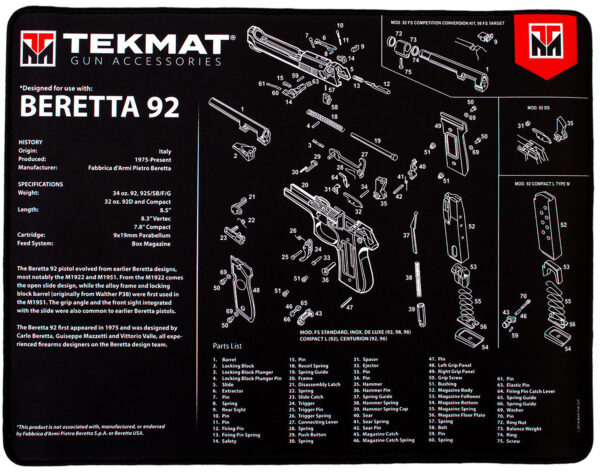 TekMat TEKR20BER92 Beretta 92 Ultra 20 Cleaning Mat Black/White Rubber 15"x20" Beretta 92 Parts Diagram — view 1