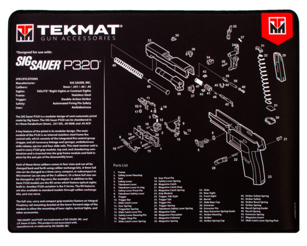 TekMat TEKR20SIGP320 Sig Sauer P320 Ultra 20 Cleaning Mat Black/White Rubber 15"x20" Sig P320 Parts Diagram — view 1