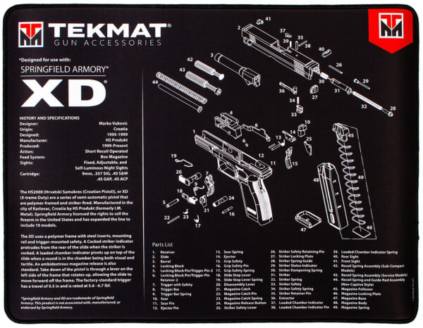 TekMat TEKR20XD Springfield Armory XD Ultra 20 Cleaning Mat Black/White Rubber 15"x20" Springfield Armory XD Parts Diagram — view 1