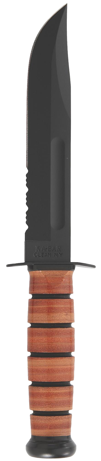 Ka-Bar 1218 USMC Fight/Utility 7" Fixed Clip Point Part Serrated Black 1095 Cro-Van Blade. Brown Leather Handle. Includes Sheath — view 1